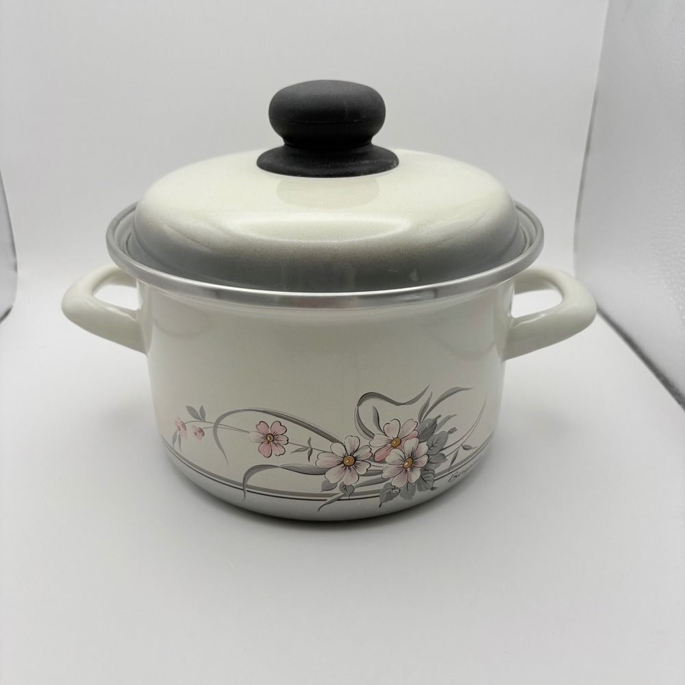 Vintage Bergamo Enamel 7" Pot White Pink Gray Floral Lid Small Chip on Handle